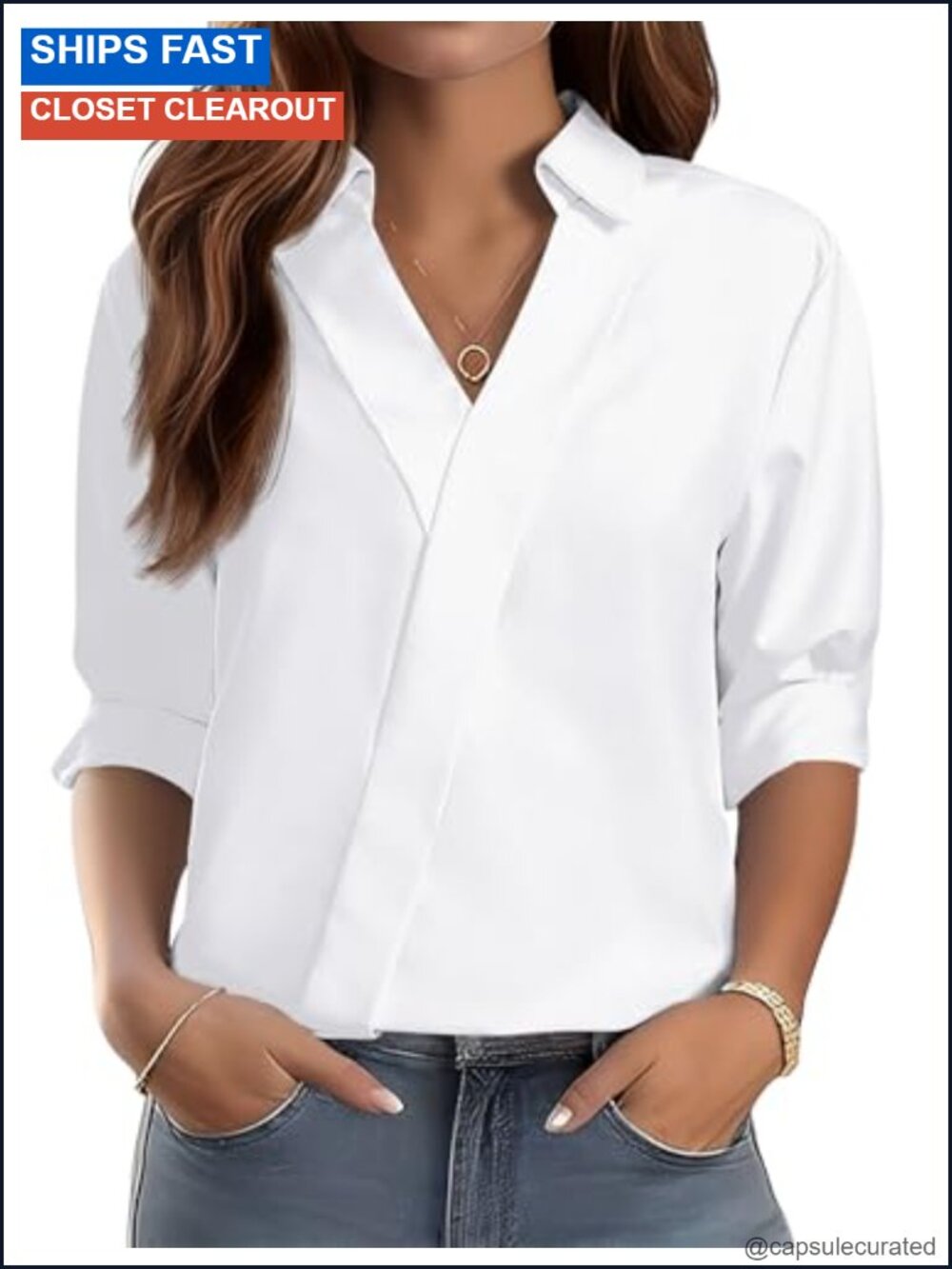 3/4 Sleeve Womens V Neck Collared Dressy Blouse Business Casual Cotton Blend Top